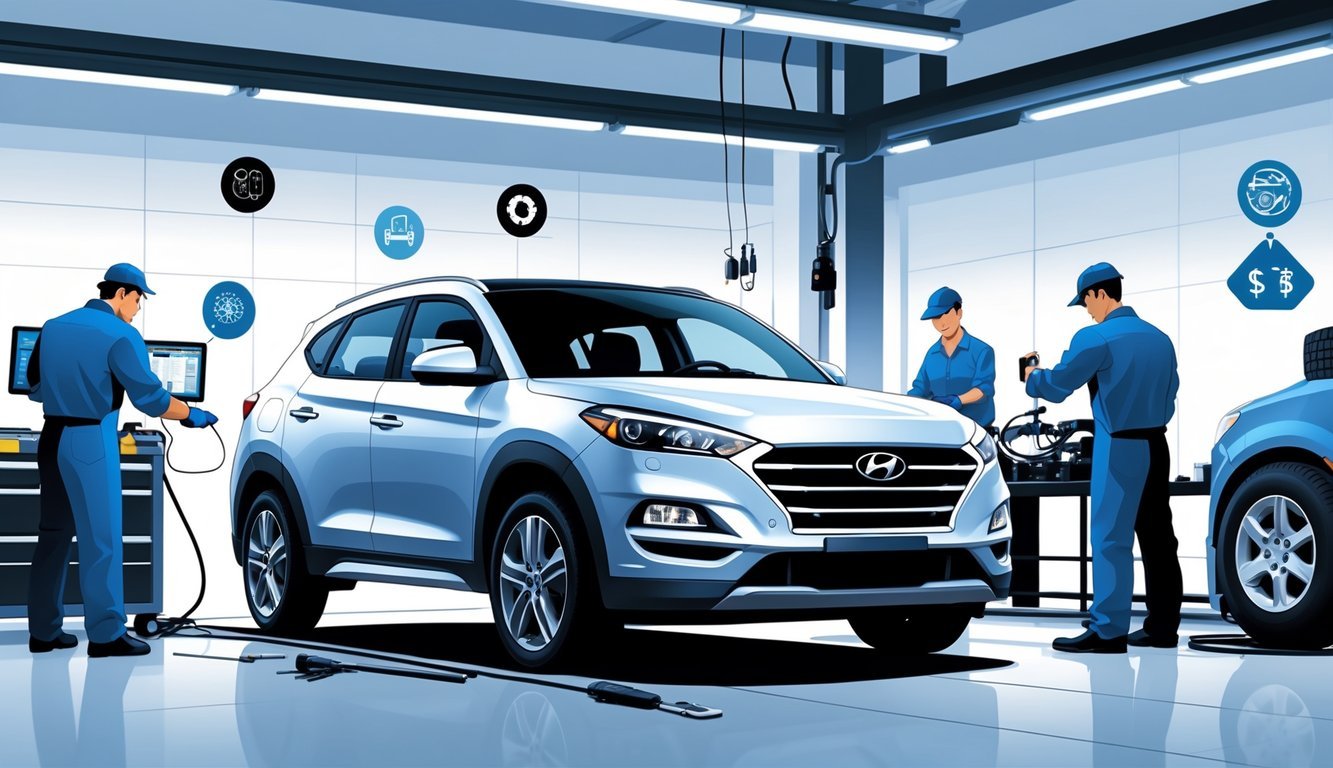 Hyundai Tucson u automehaničarskoj radionici dok tehničari pregledavaju i popravljaju vozilo, s prikazom alata i opreme za servis.