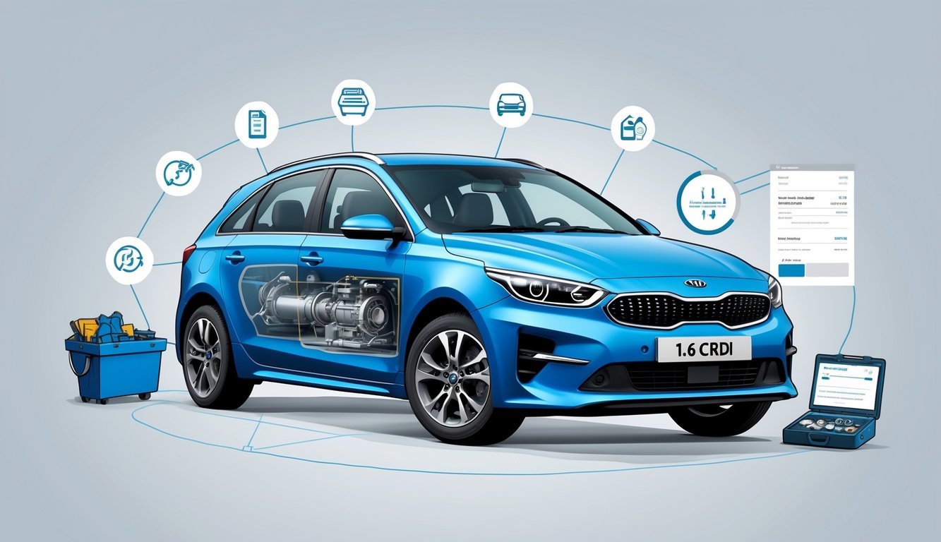 Ilustracija automobila Kia Ceed 1.6 CRDi s prikazom ključnih dijelova motora, prijenosa i ovjesa te simbolima tipičnih kvarova i alata za servis.