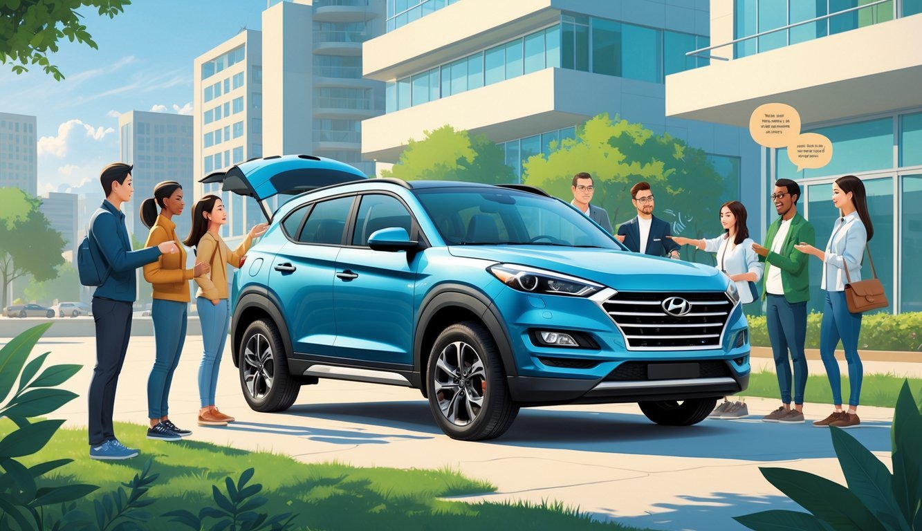 Grupa ljudi oko parkiranog Hyundai Tucsona u urbanoj sredini, razmjenjuju iskustva i pregledavaju automobil.
