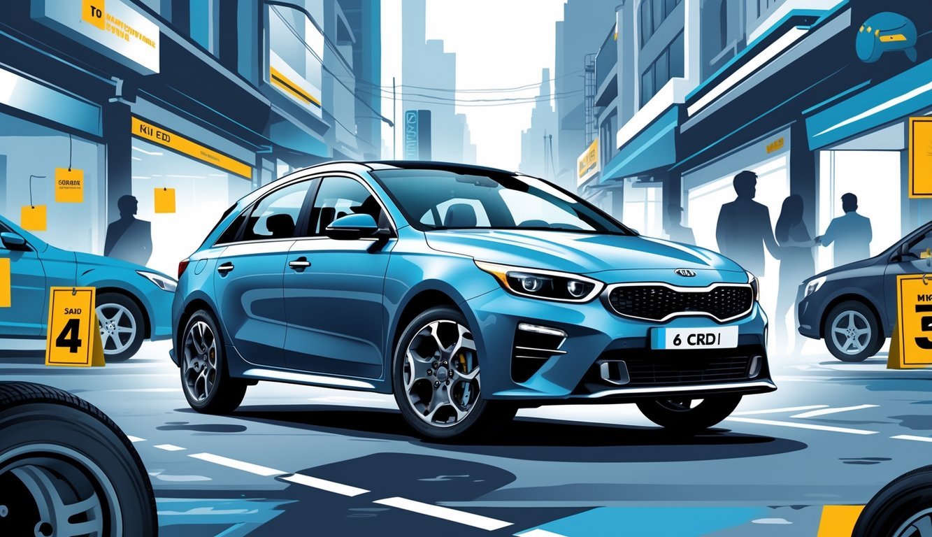 Automobil Kia Ceed 1.6 CRDi parkiran u urbanom okruženju s ikonama opreme i tržišta rabljenih vozila oko njega.