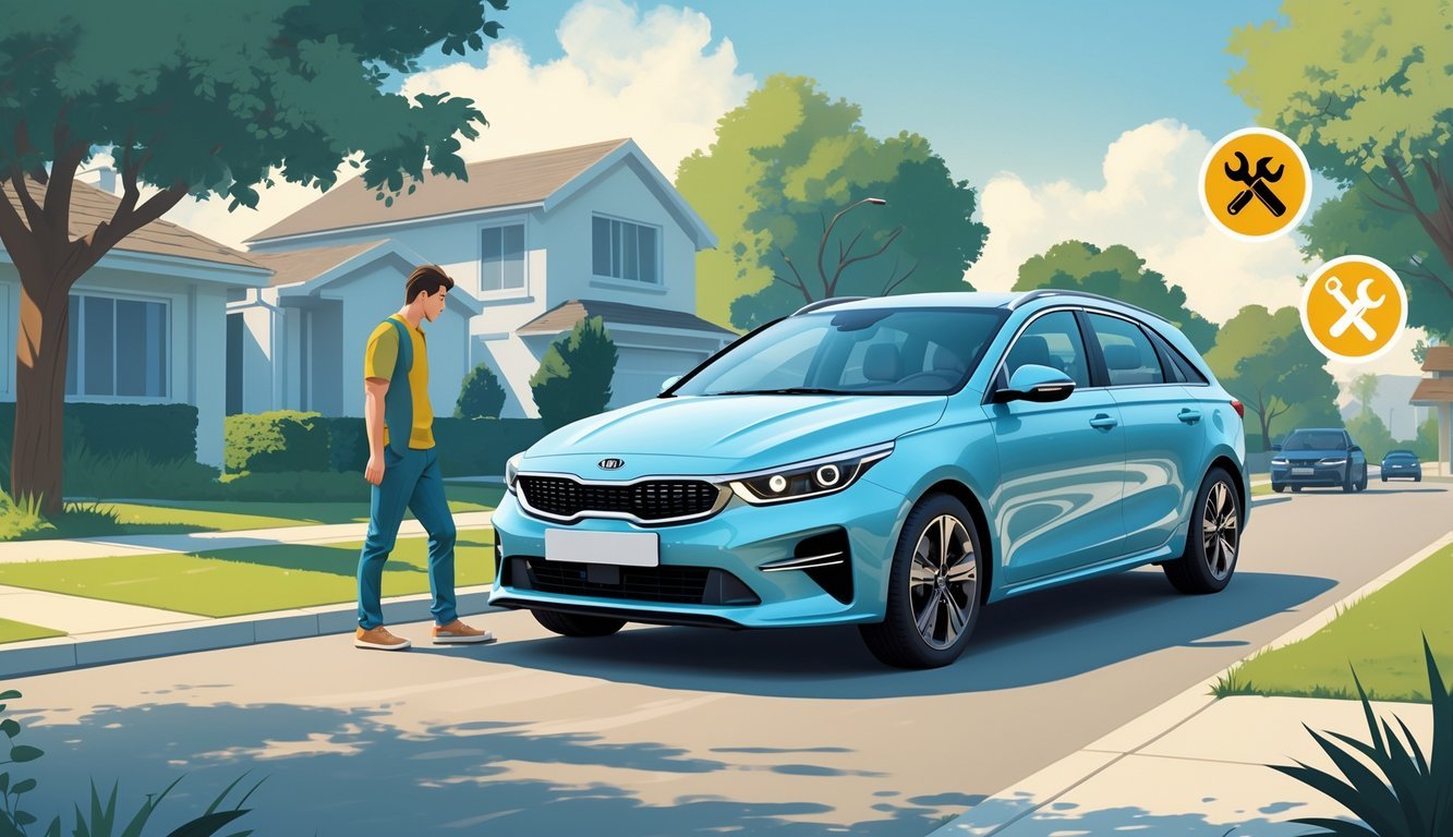 Kia Ceed 1.6 CRDi parkiran na ulici s vozačem koji izlazi iz automobila, okružen simbolima koji prikazuju prednosti i mane vozila.