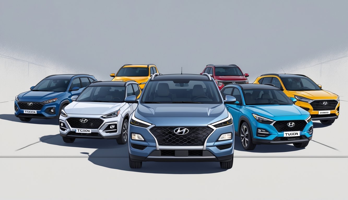 Više suv vozila parkiranih jedno do drugog, s Hyundai Tucsonom u sredini i drugim konkurentskim modelima oko njega.