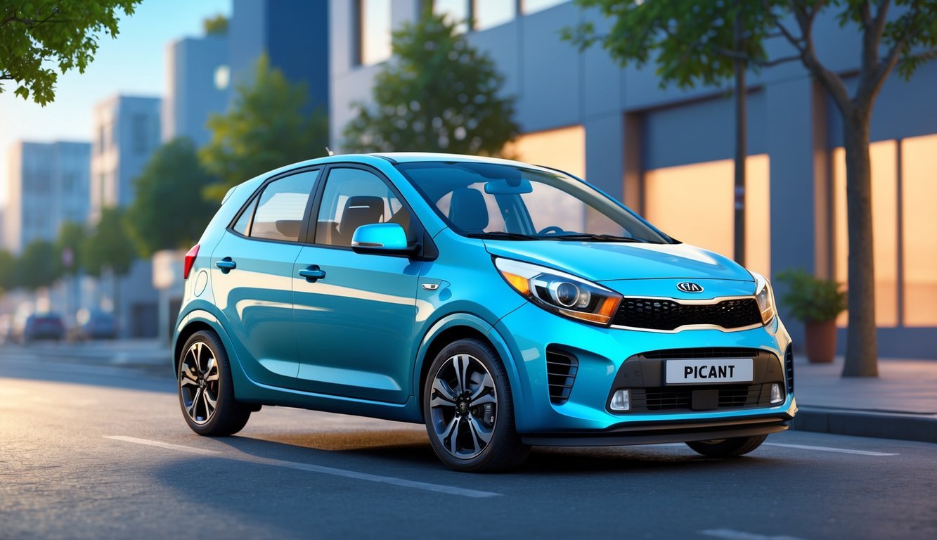 Kia Picanto parkiran na gradskoj ulici s modernim zgradama u pozadini.