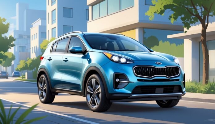 Kia Sportage parkiran na gradskom ulici s modernim zgradama u pozadini.