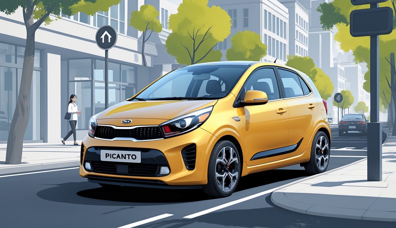 Kia Picanto parkiran na gradskom ulici s prikazom okoline i simbola koji predstavljaju iskustva vozača.