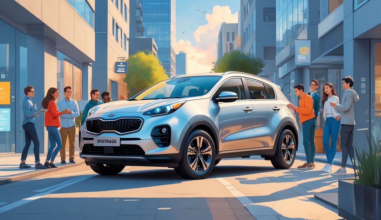 Moderno Kia Sportage vozilo parkirano na gradskoj ulici s ljudima oko njega.