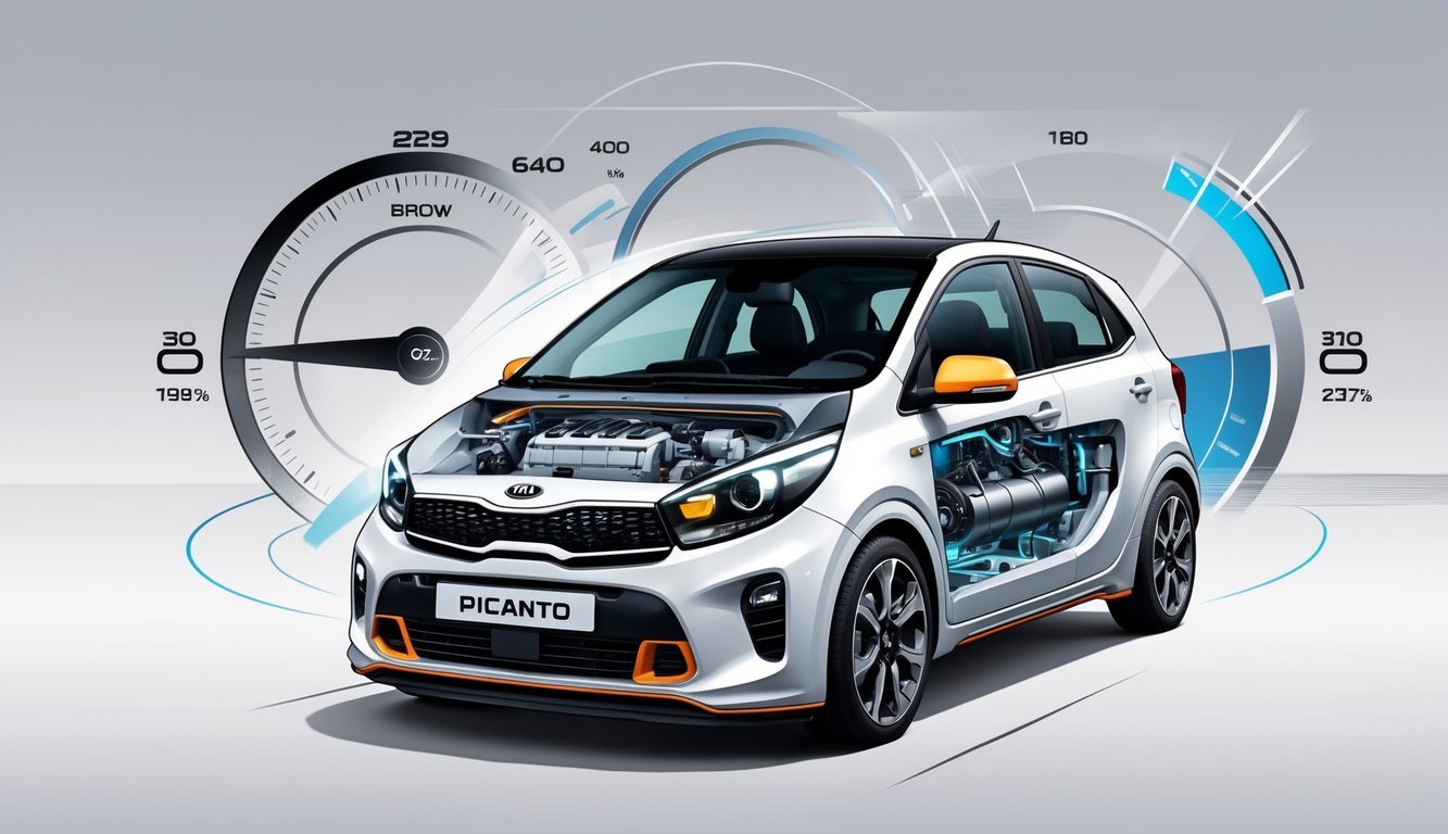 Prikaz Kia Picanto automobila s istaknutim motorom i mjenjačem, okružen grafičkim elementima koji prikazuju performanse vozila.