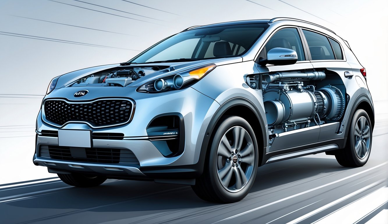 Prikaz Kia Sportage automobila s istaknutim motorom i mjenjačem te prikazom unutarnjih dijelova motora i prijenosa.
