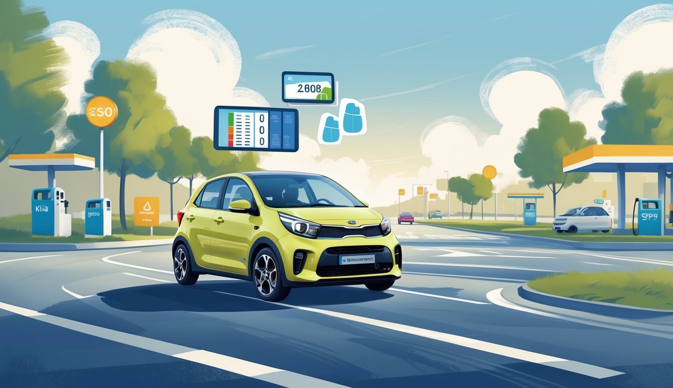 Kia Picanto na gradskoj cesti s grafičkim prikazima potrošnje goriva i troškova vožnje.