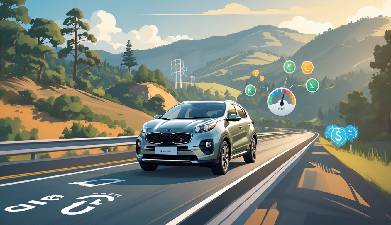 Kia Sportage vozi cestom okruženom prirodom s grafičkim prikazima potrošnje goriva i troškova vožnje.