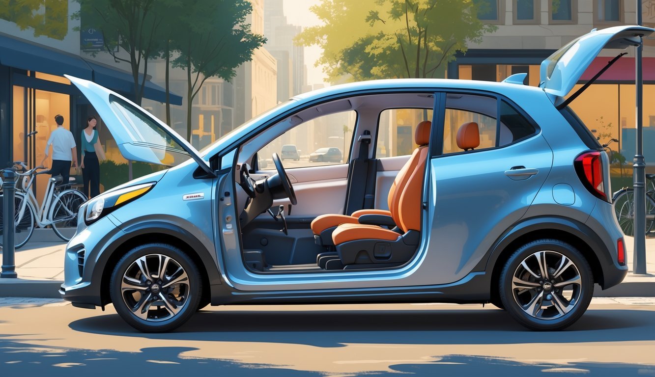 Kia Picanto parkiran u urbanom okruženju s otvorenim vratima koja otkrivaju udobnu i prostranu unutrašnjost automobila.