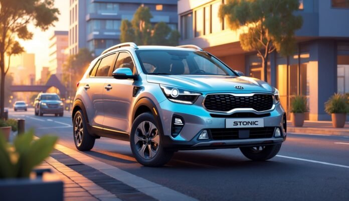 Kia Stonic parkiran na urbanoj ulici s zgradama i drvećem u pozadini tijekom zalaska sunca.