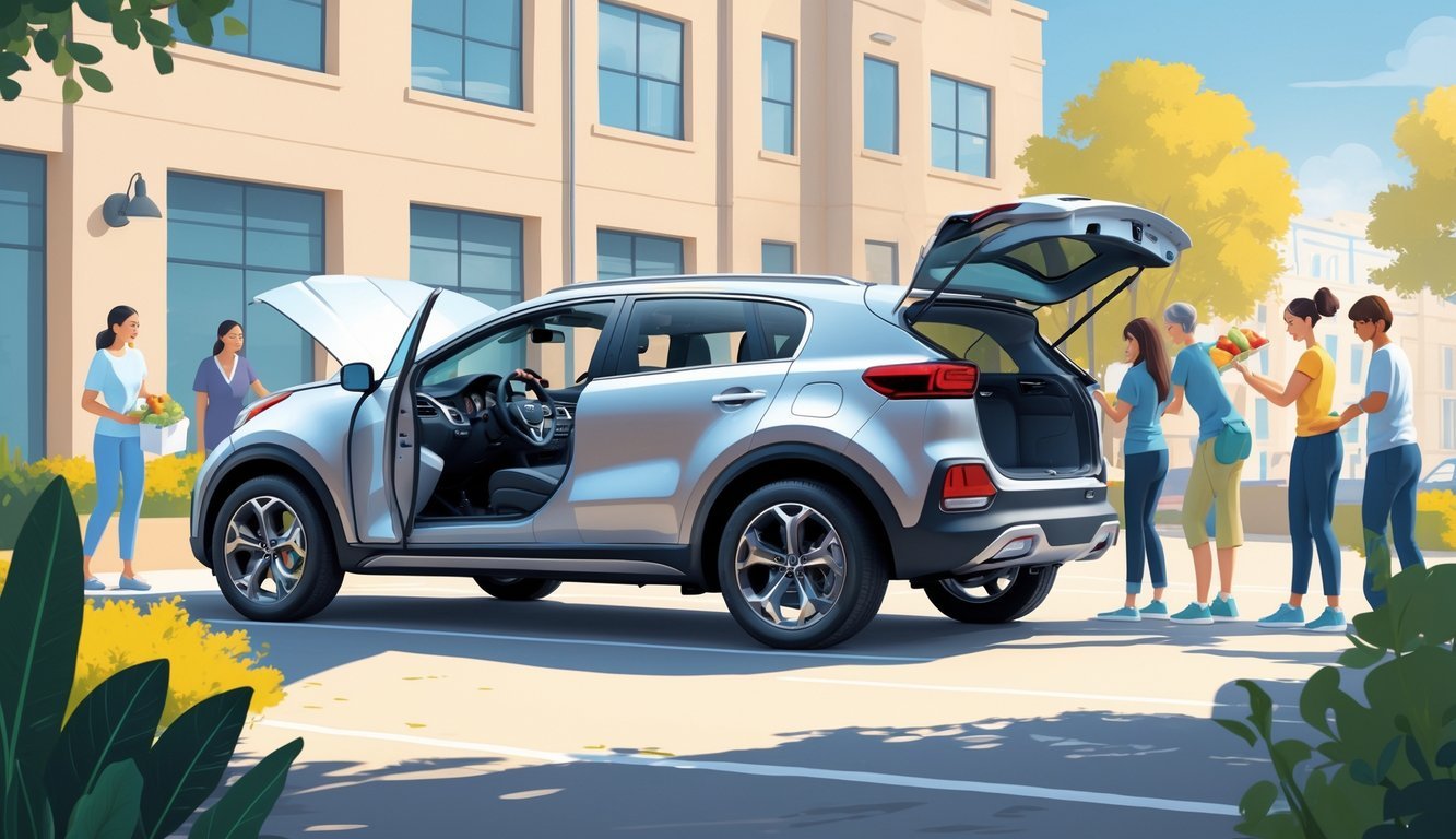 Kia Sportage s otvorenim vratima prikazuje prostran i udoban interijer s ljudima koji koriste automobil u gradskom okruženju.