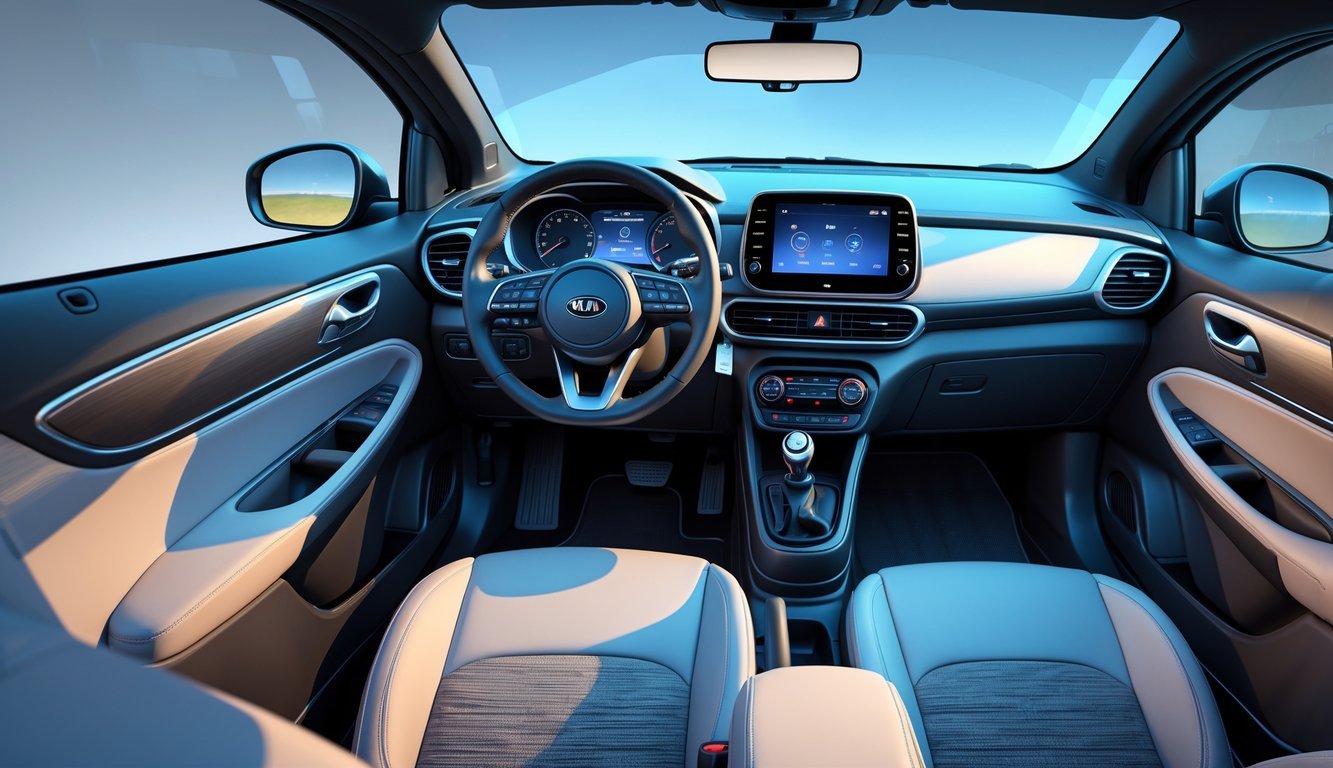 Unutrašnjost Kia Picanto automobila s prikazom upravljačke ploče, zaslona infotainment sustava i kvalitetnih materijala sjedala.