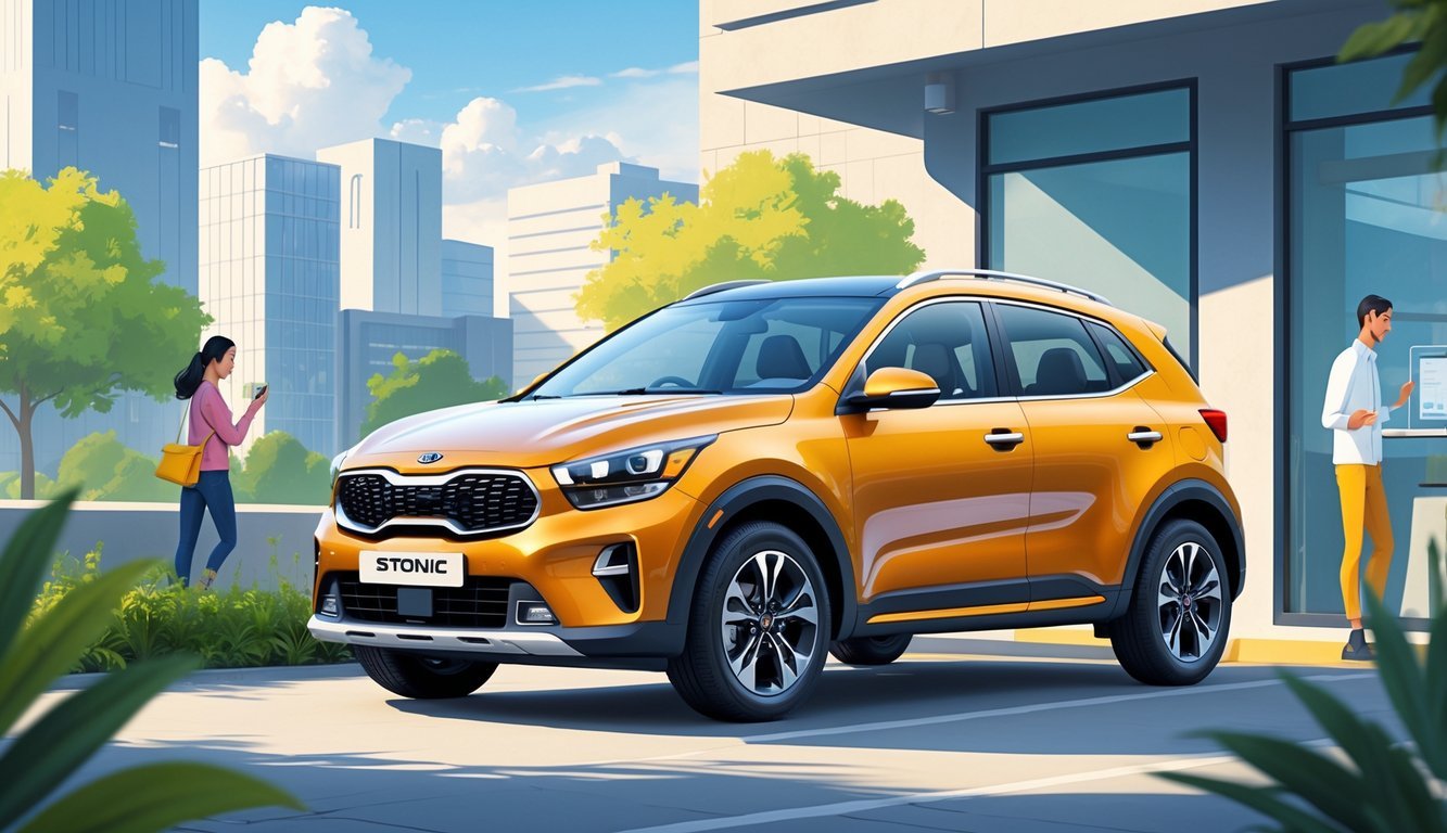 Kia Stonic parkiran u gradskom okruženju s osobama koje koriste unutarnje značajke vozila.