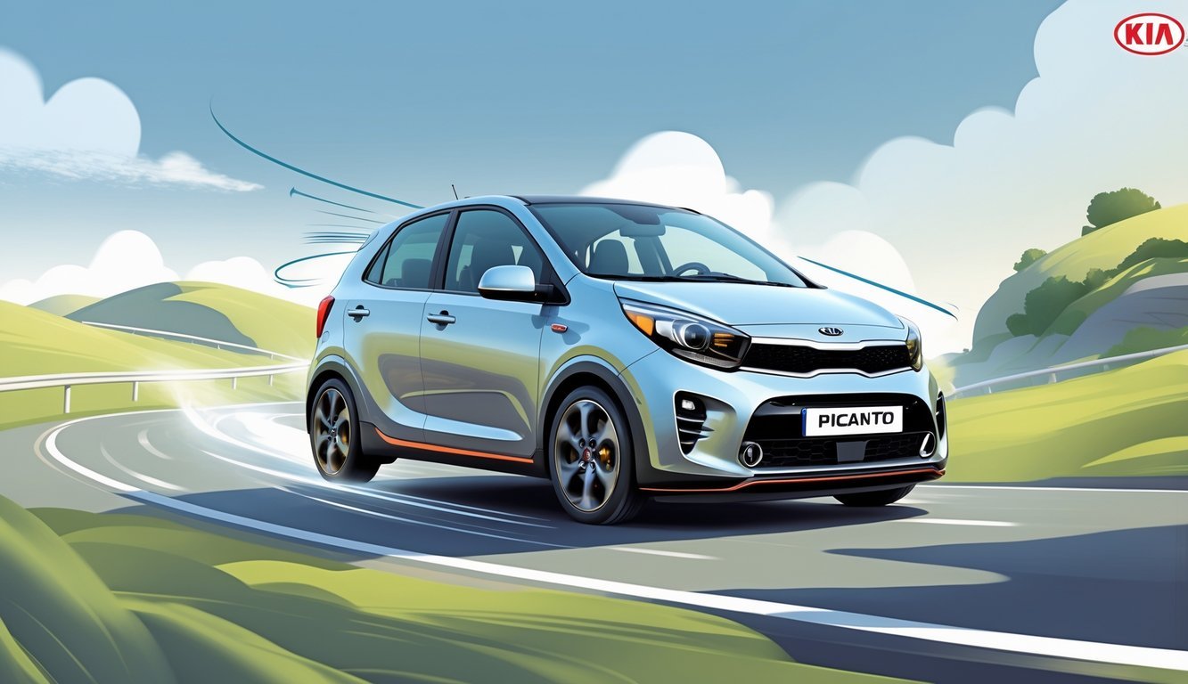 Kia Picanto na zavojitoj cesti u pokretu s prikazom ugodne vožnje i stabilnosti ovjesa.