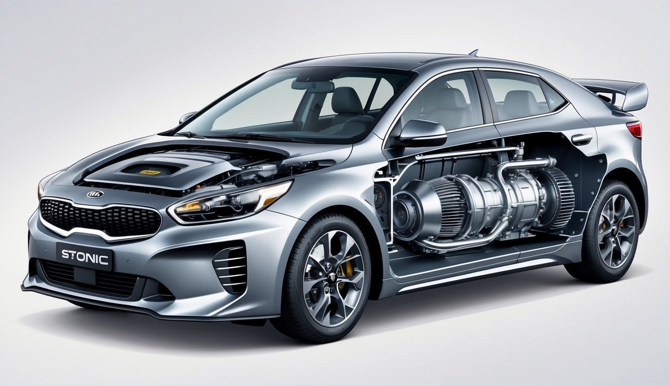 Prikaz motora, performansi i mjenjača automobila Kia Stonic s otvorenim poklopcem motora i vidljivim unutarnjim dijelovima.