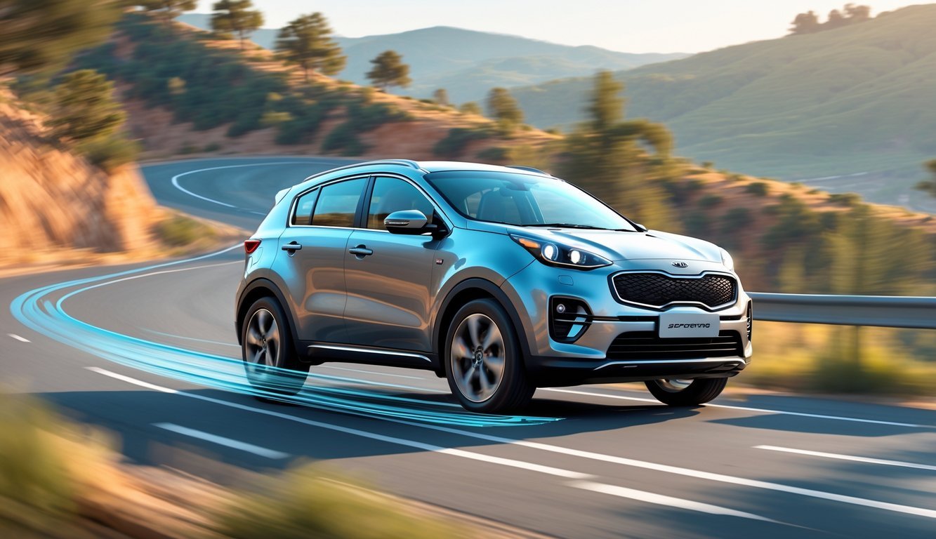 Kia Sportage na vijugavoj cesti okružen brdima i drvećem, s prikazom ovjesa i vozačem koji upravlja vozilom.