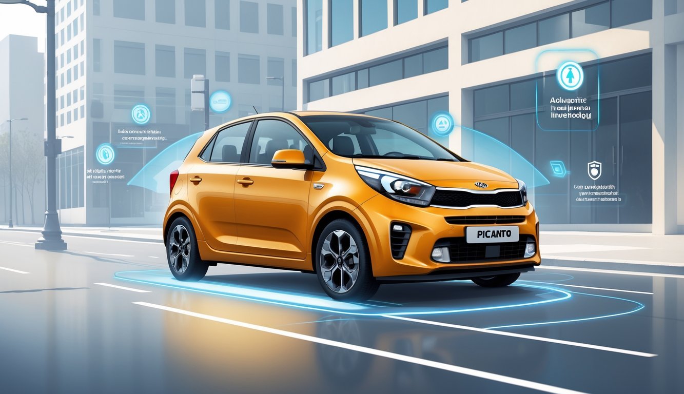 Kia Picanto na gradskom putu s prikazom sigurnosnih sustava i pomoćnih vozačkih funkcija.
