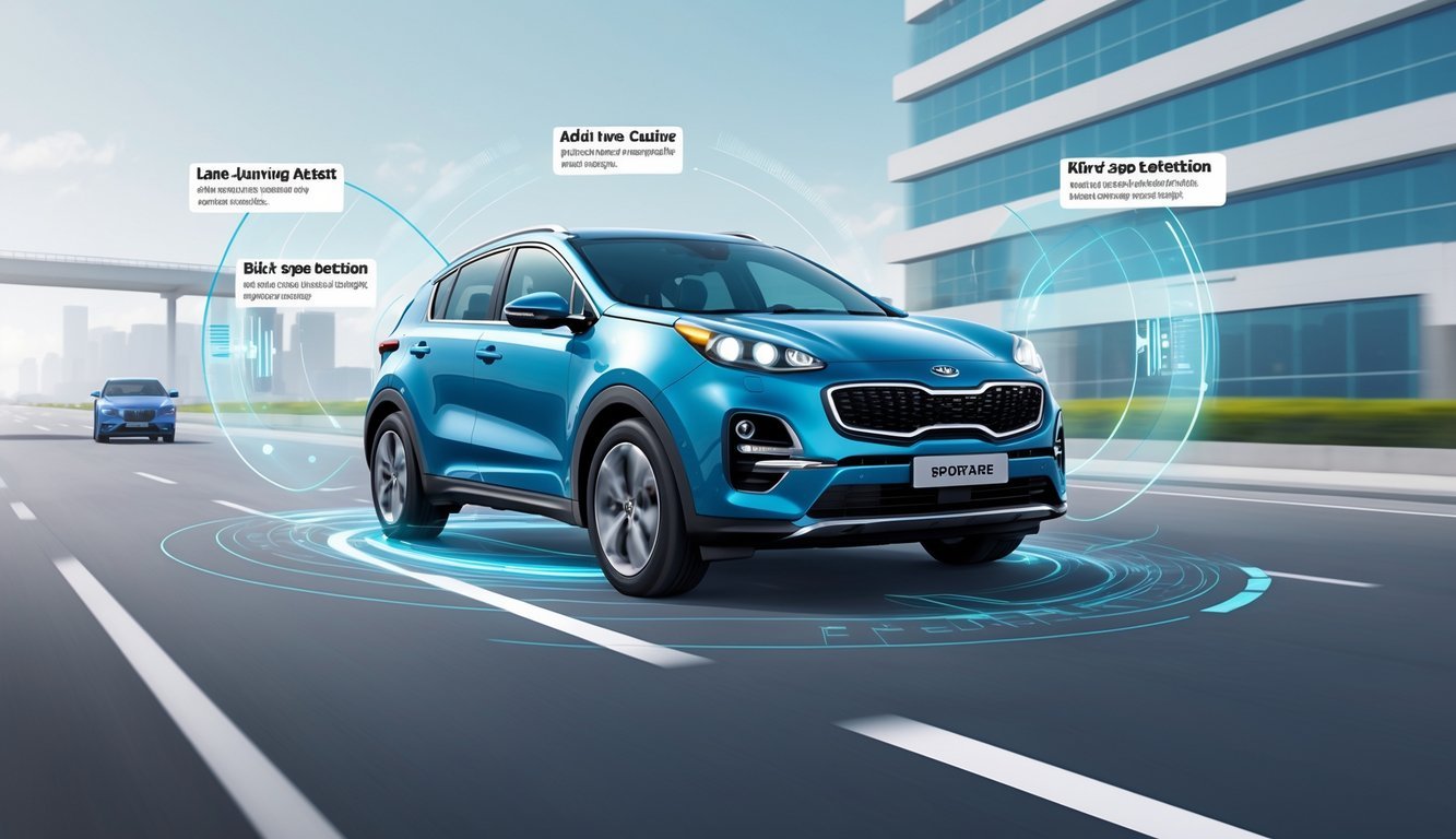 Kia Sportage na cesti s prikazom sigurnosnih i pomoćnih sustava za vozača.