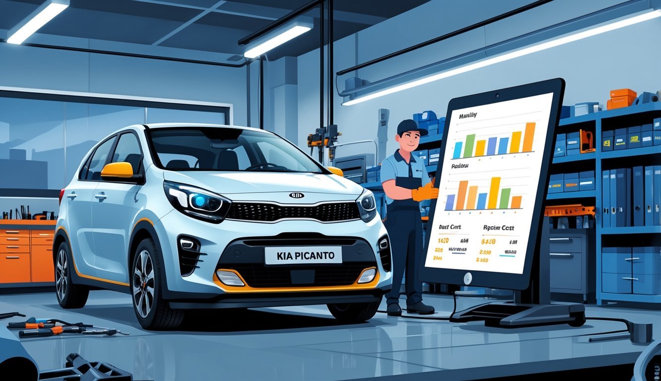 Kia Picanto u auto radionici dok mehaničar pregledava motor, okružen alatima i dijelovima.