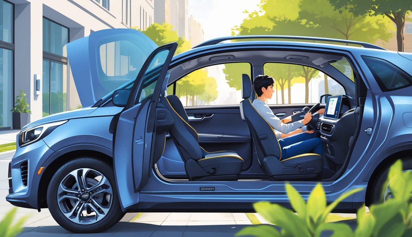 Kia Stonic parkiran na ulici s otvorenim vratima i prikazom prostrane i udobne unutrašnjosti.