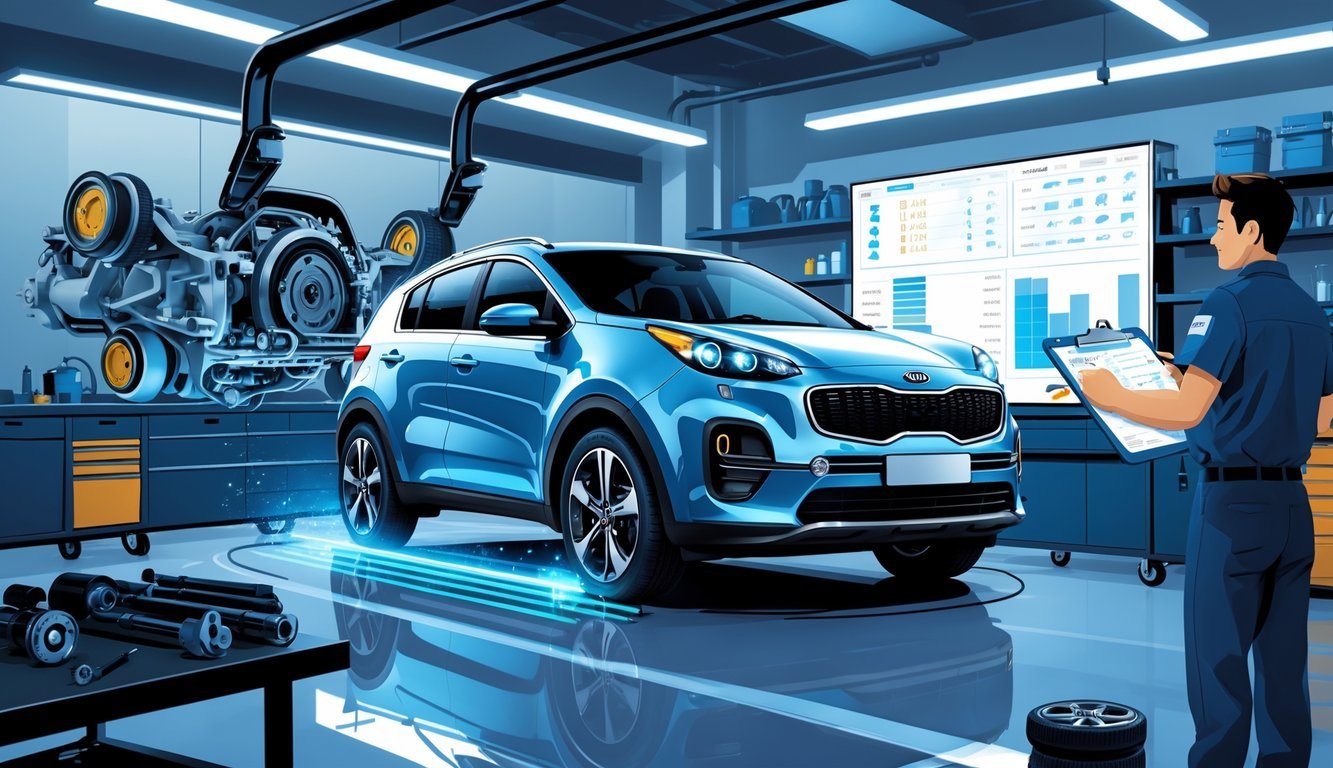 Automobil Kia Sportage u radionici s mehaničarom koji pregledava motor i dijelove vozila, okružen alatima i opremom za servis.