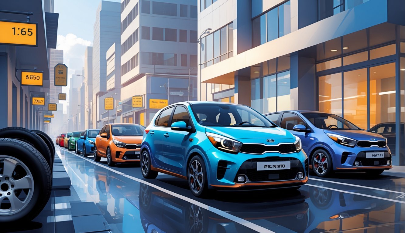 Prikaz nekoliko rabljenih Kia Picanto automobila na gradskoj ulici kraj prodavaonice automobila i opreme.