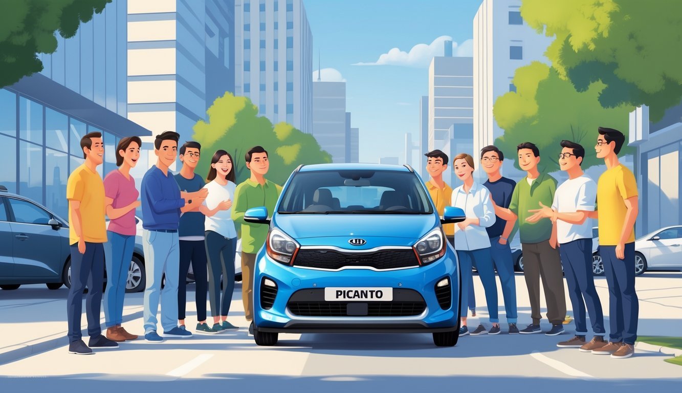 Grupa vlasnika automobila stoji oko Kia Picanta u gradskom okruženju, razgovarajući o svojim iskustvima s vozilom.