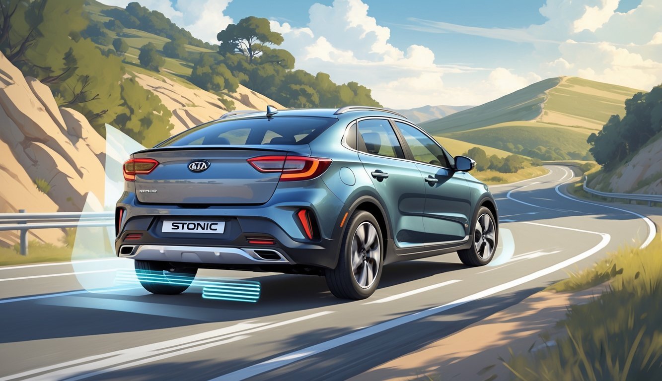 Kia Stonic automobil na zavojitoj cesti s prikazom ovjesa i vozačem koji upravlja vozilom.