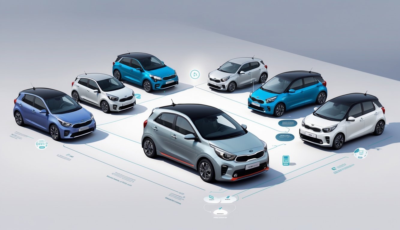 Prikaz automobila Kia Picanto okruženog s nekoliko drugih kompaktnih automobila radi usporedbe karakteristika.