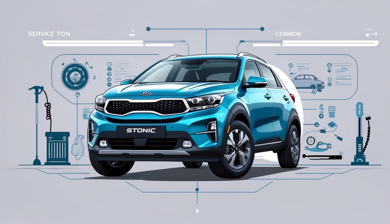 Ilustracija Kia Stonic automobila s prikazom uobičajenih kvarova i elemenata servisa.