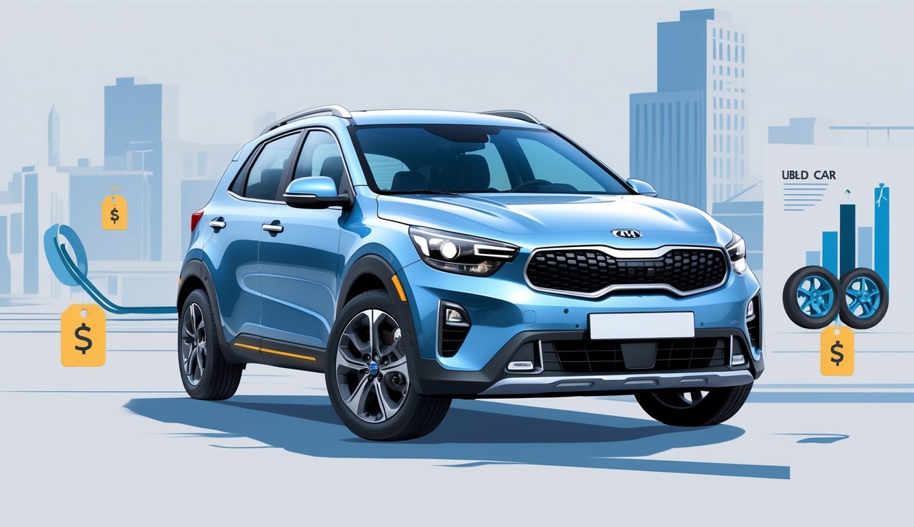 Kia Stonic parkiran u urbanom okruženju s ikonama koje prikazuju opremu i trendove na tržištu rabljenih vozila.