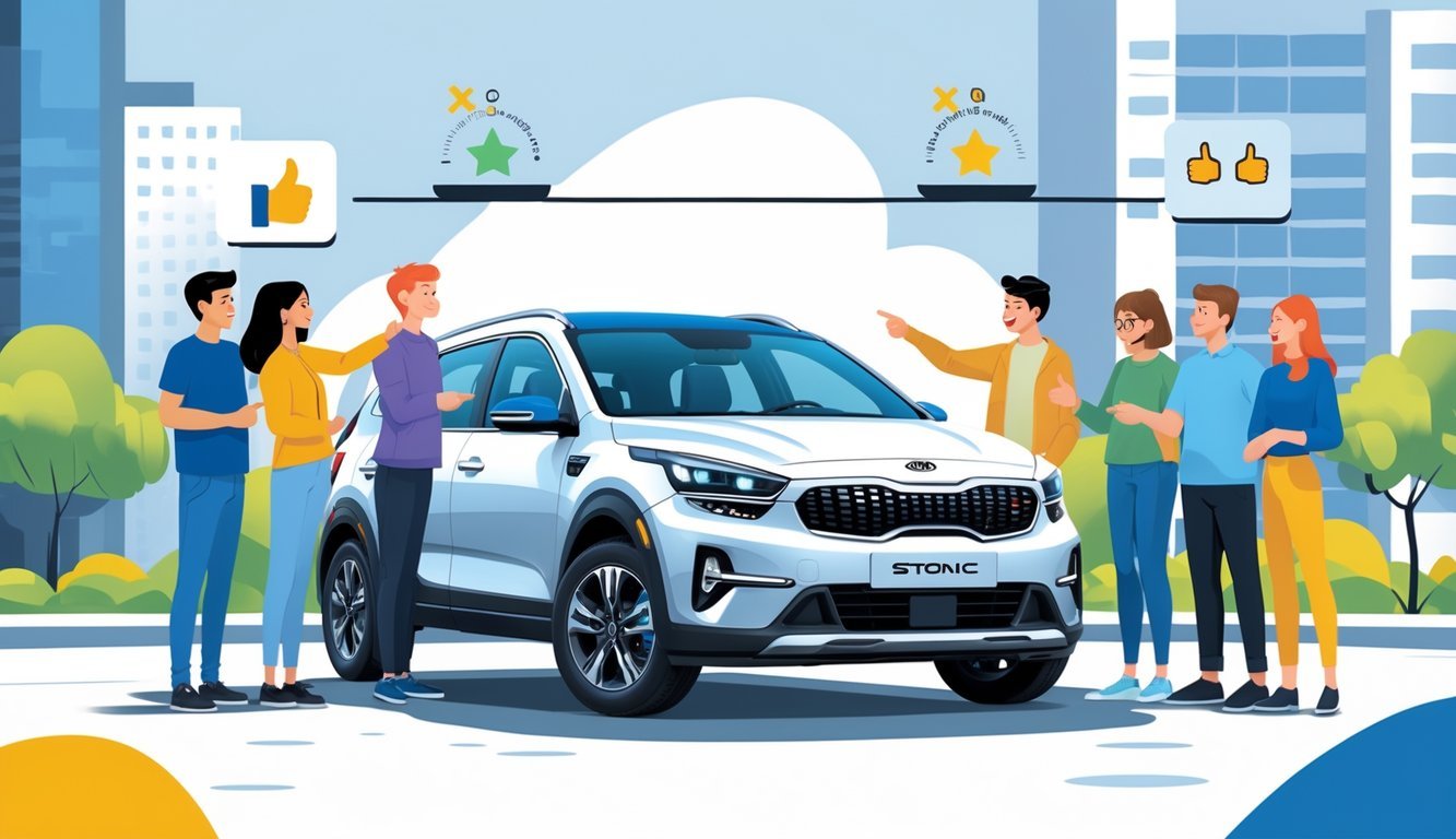 Skupina ljudi razgovara oko parkiranog Kia Stonica u gradskom okruženju, simbolizirajući dijeljenje iskustava o automobilu.