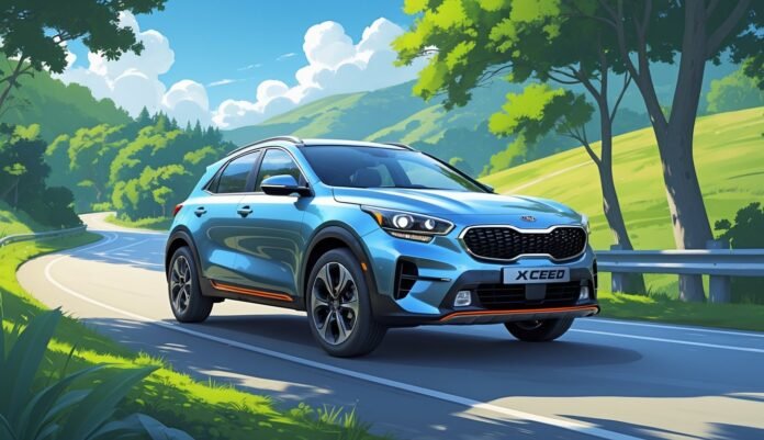 Kia XCeed na cesti okruženoj prirodom s drvećem i brežuljcima u pozadini.