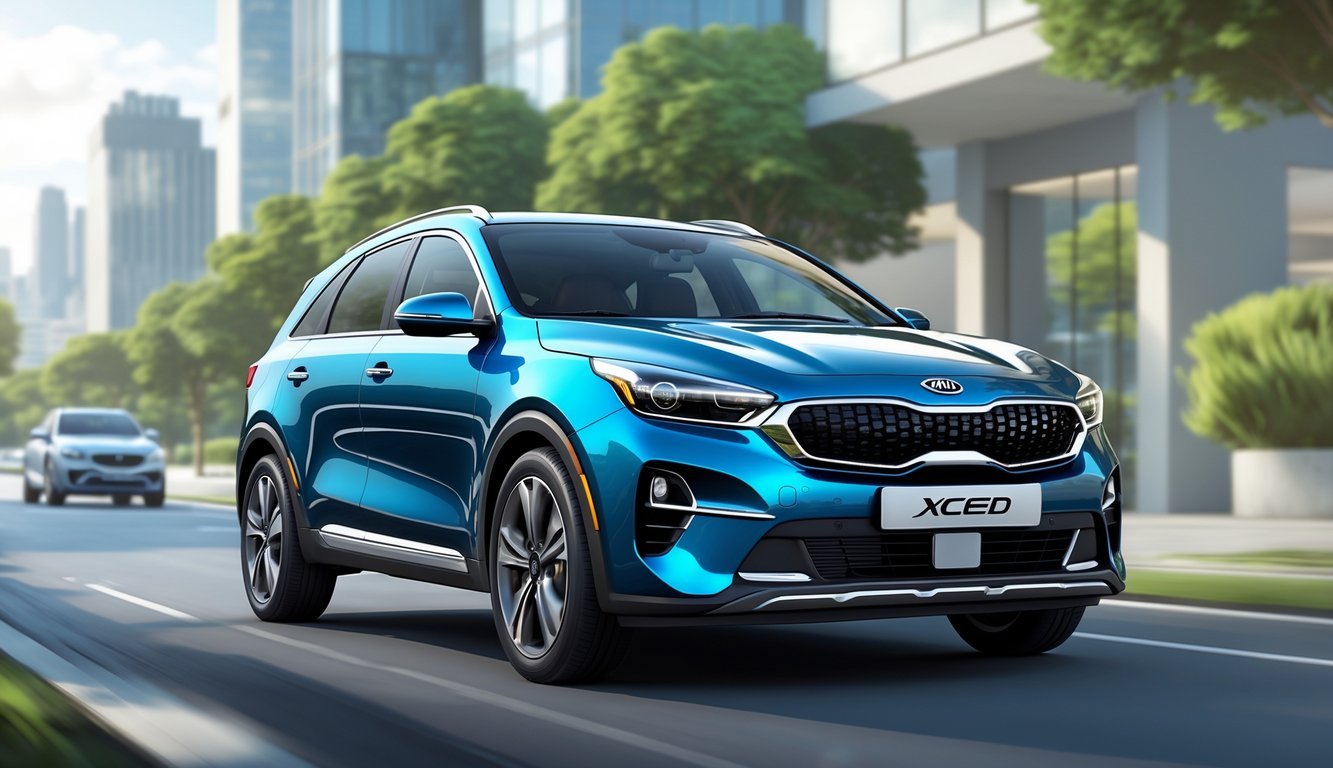 Automobil Kia XCeed parkiran na gradskoj cesti s modernim zgradama u pozadini.