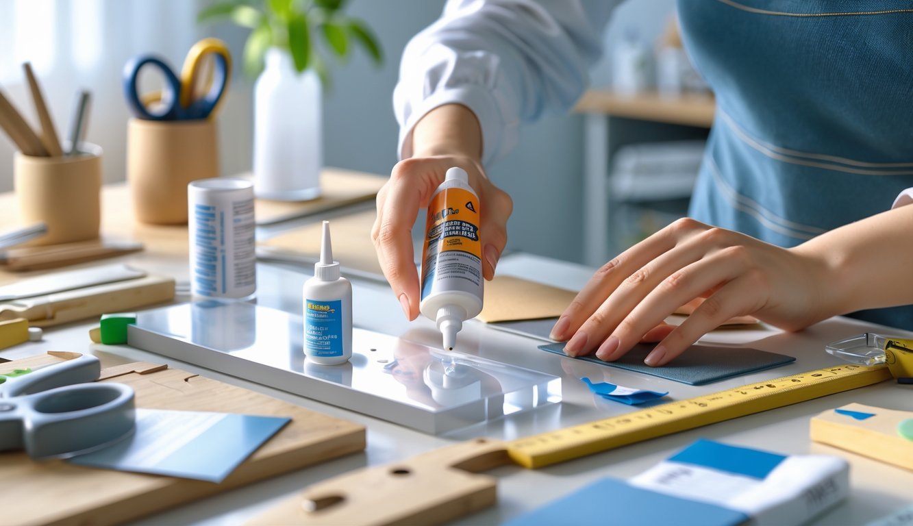 Ruke nanose prozirno ljepilo na različite materijale na urednom radnom stolu.