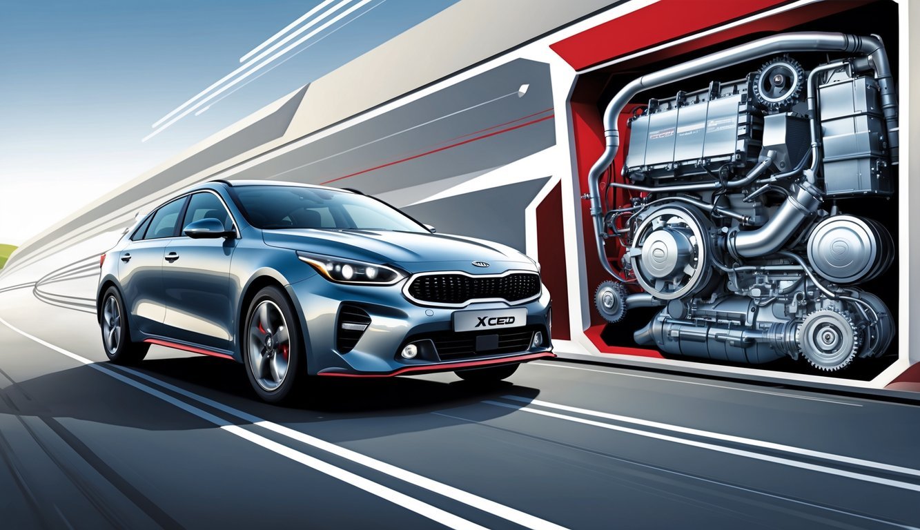 Kia XCeed automobil na cesti s prikazom motora i mjenjača u izrezima.