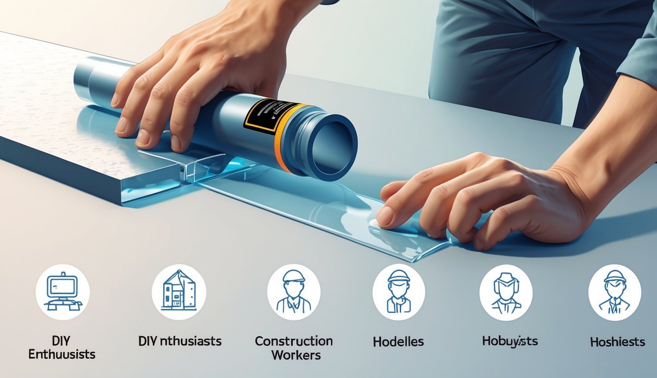 Prikaz ruke koja nanosi gumeni ljepilo na površinu s ikonama koje predstavljaju različite korisnike.