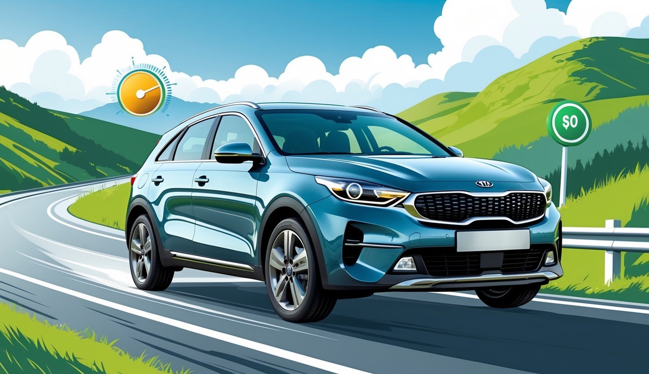 Kia XCeed automobil na cesti s prikazom pokazivača goriva i kalkulatora u pozadini.