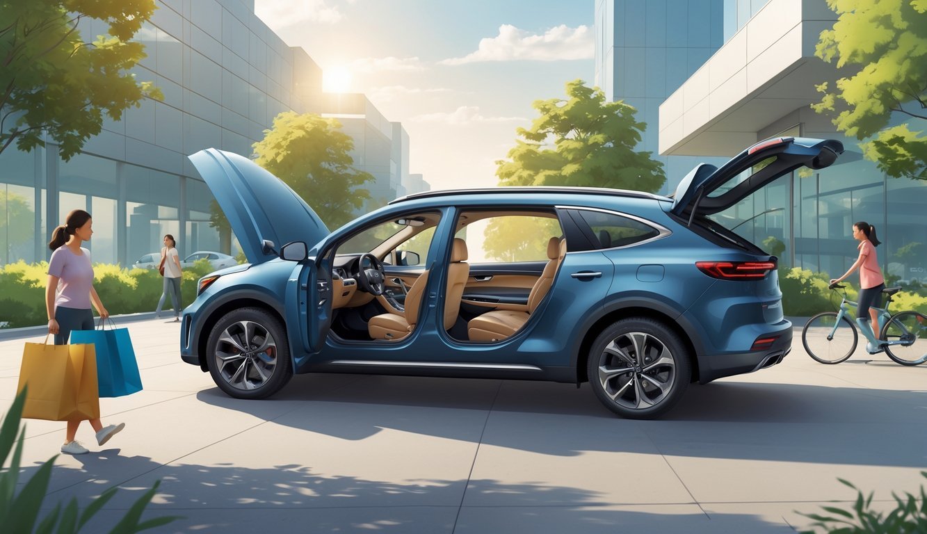 Kia XCeed parkiran u modernom gradskom okruženju s otvorenim vratima koja otkrivaju prostrani i ugodni unutarnji prostor automobila, dok obitelj utovaruje torbe u prtljažnik.