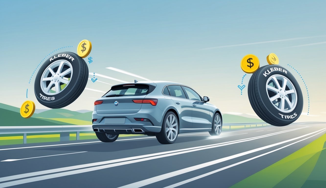 Automobil na cesti s istaknutim Kleber gumama, prikazani simboli potrošnje goriva i troškova vožnje.