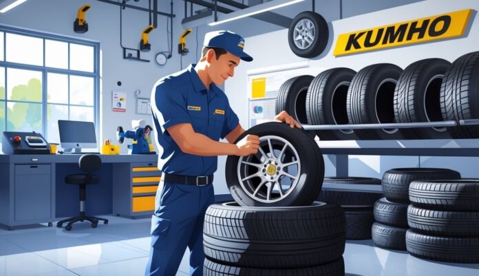 Radionica za gume s mehaničarom koji pregledava gumu, s policama punim Kumho guma i urednim radnim prostorom.
