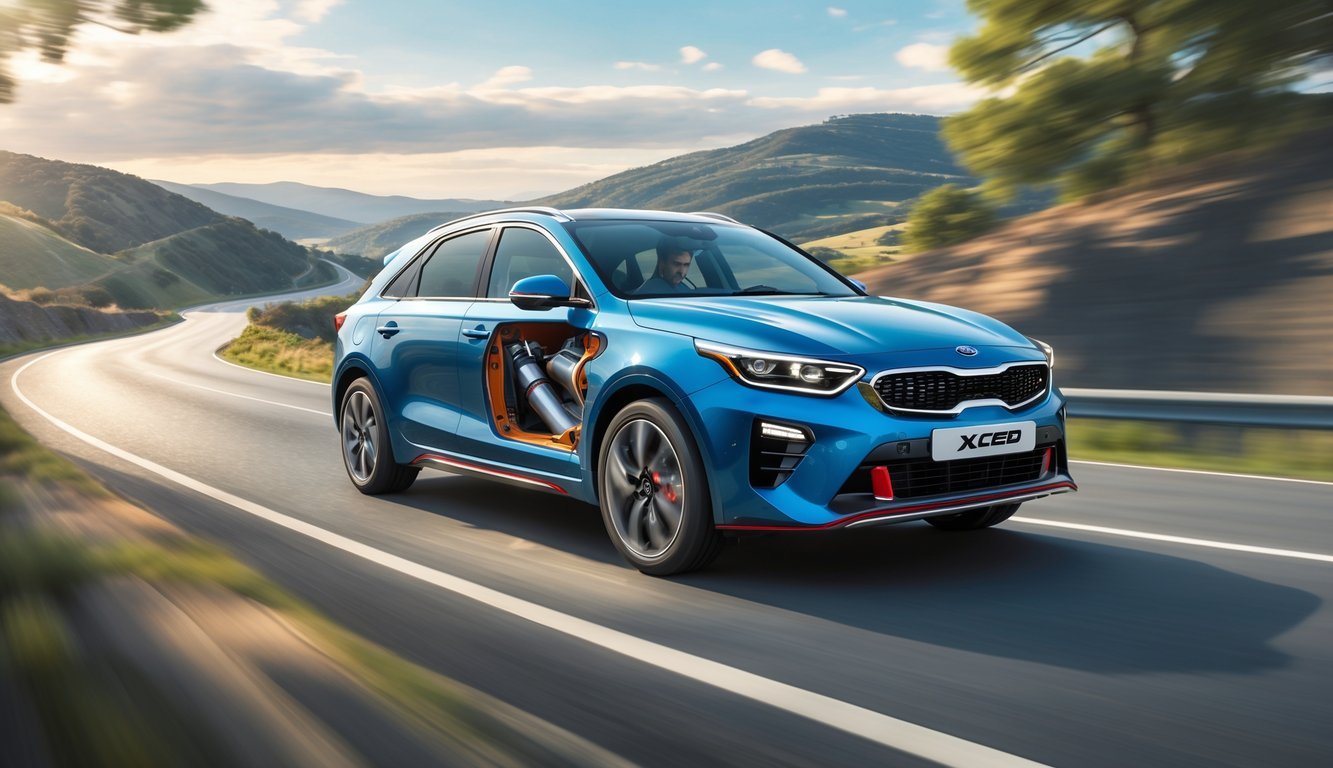 Kia XCeed automobil u vožnji na vijugavoj cesti s vidljivim dijelovima ovjesa i vozačem unutar vozila.