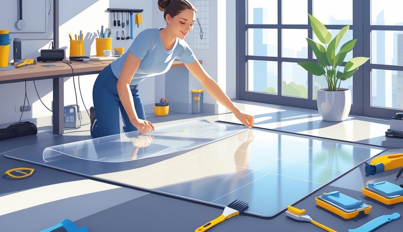 Osoba nanosi prozirnu gumenu podlogu u urednom i prostranom radnom prostoru s prirodnim svjetlom.