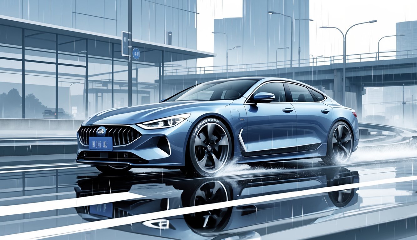 Automobil s Kumho gumama vozi cestom u urbanom okruženju s mokrim kolnikom.