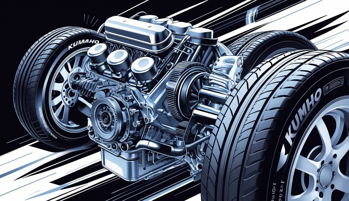 Ilustracija motora automobila, prijenosa i Kumho guma s naglaskom na performanse.