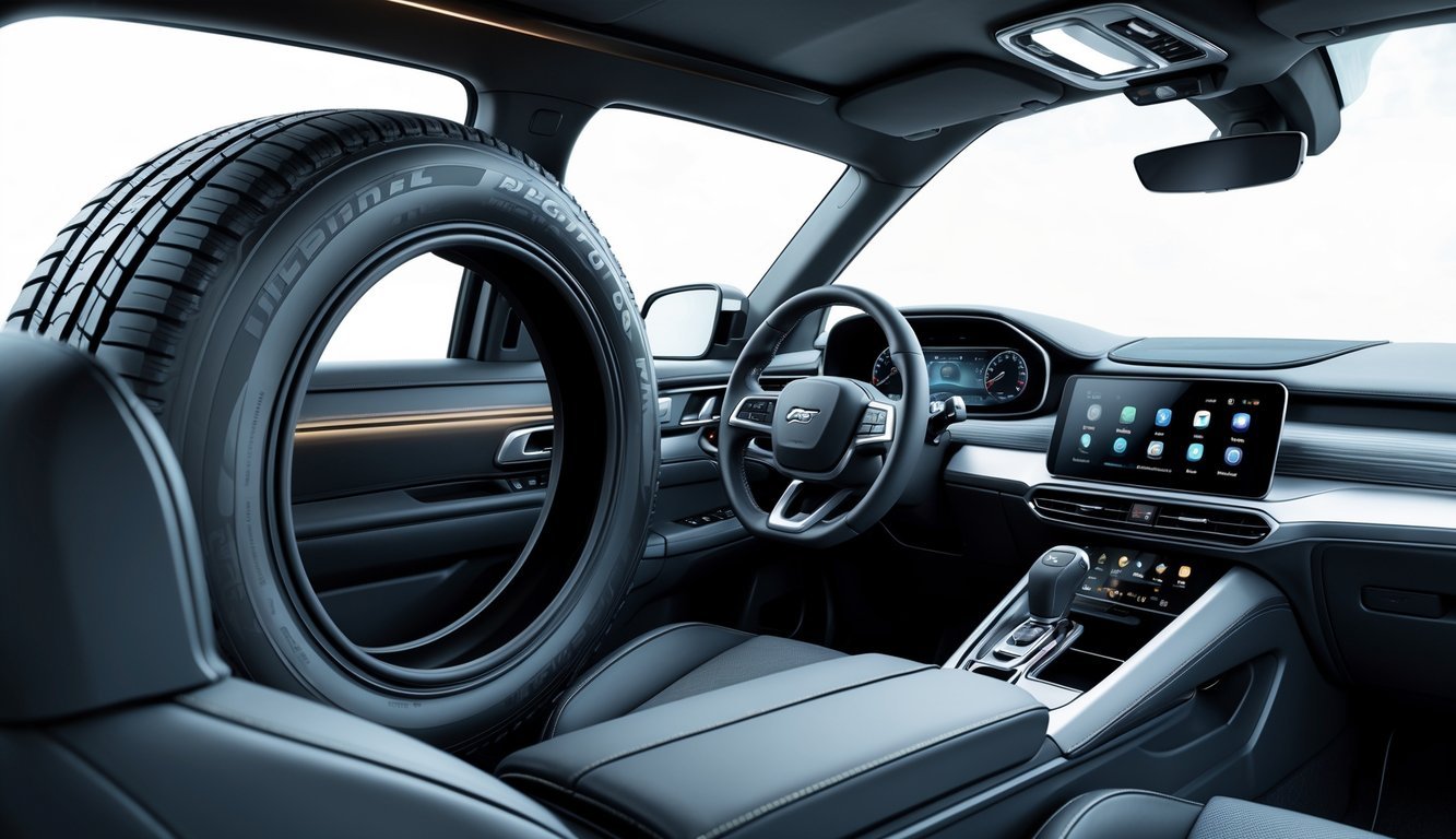 Prikaz unutrašnjosti automobila s naglaskom na kvalitetu izrade, detalj gume i moderan infotainment sustav.