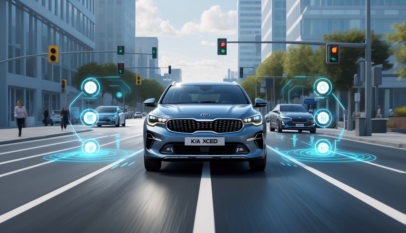 Kia XCeed na gradskoj cesti s prikazom sigurnosnih i pomoćnih sustava vozaču kroz holografske prikaze oko vozila.