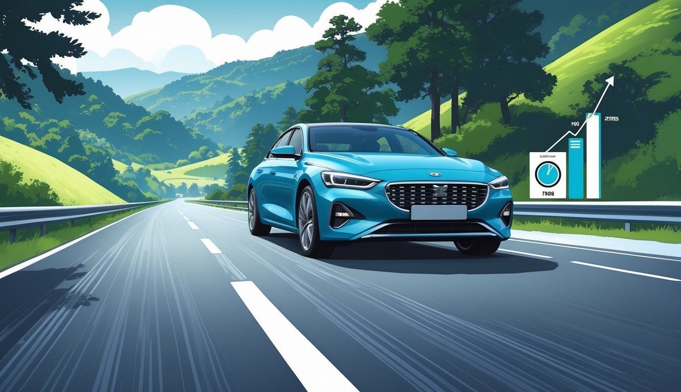 Automobil na cesti s Kumho gumama, okružen prirodom, s prikazom pokazivača potrošnje goriva i troškova vožnje.